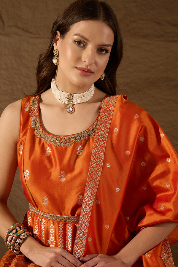 Orange Silk Blend Woven Design Anarkali Kurta Churidar with Dupatta HPKSKD3023