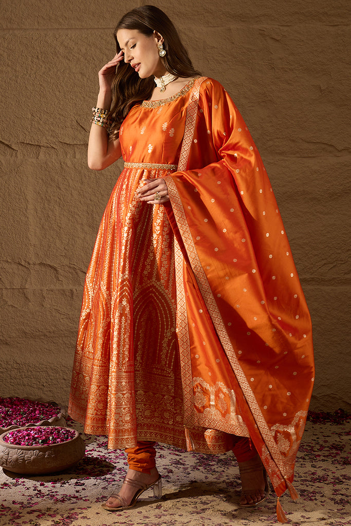 Orange Silk Blend Woven Design Anarkali Kurta Churidar with Dupatta HPKSKD3023