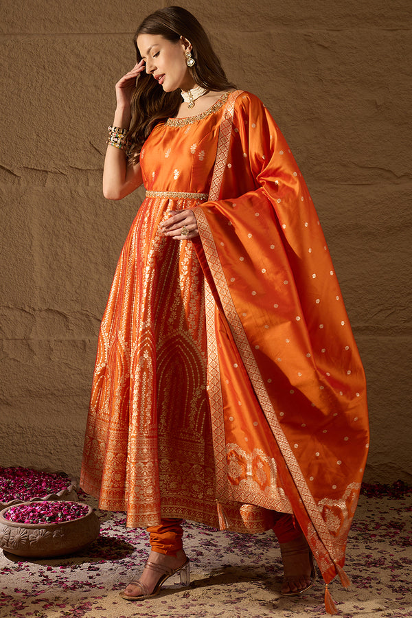 Orange Silk Blend Woven Design Anarkali Kurta Churidar with Dupatta HPKSKD3023