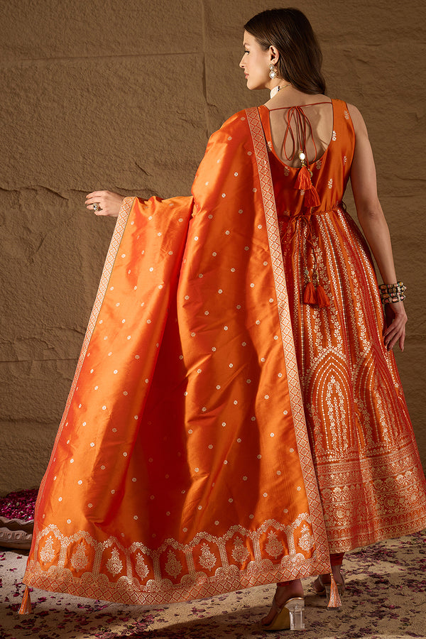 Orange Silk Blend Woven Design Anarkali Kurta Churidar with Dupatta HPKSKD3023