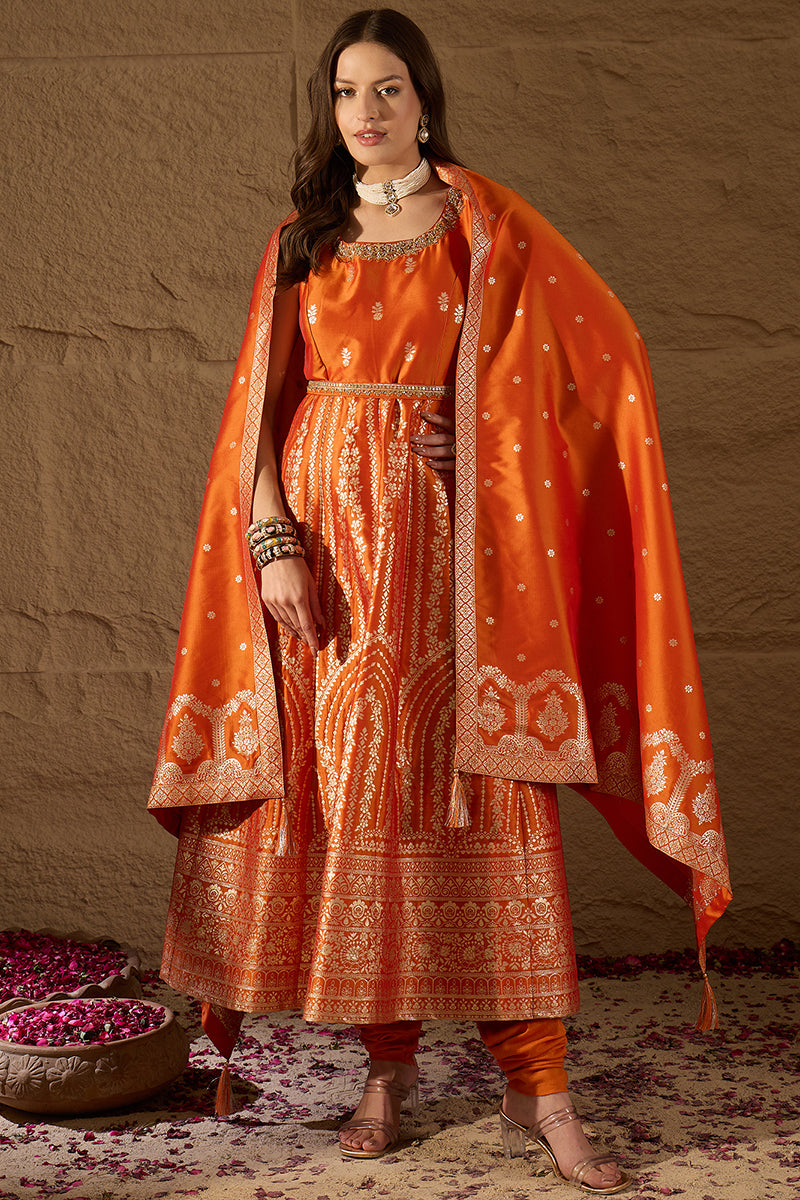 Orange Silk Blend Woven Design Anarkali Kurta Churidar with Dupatta HPKSKD3023