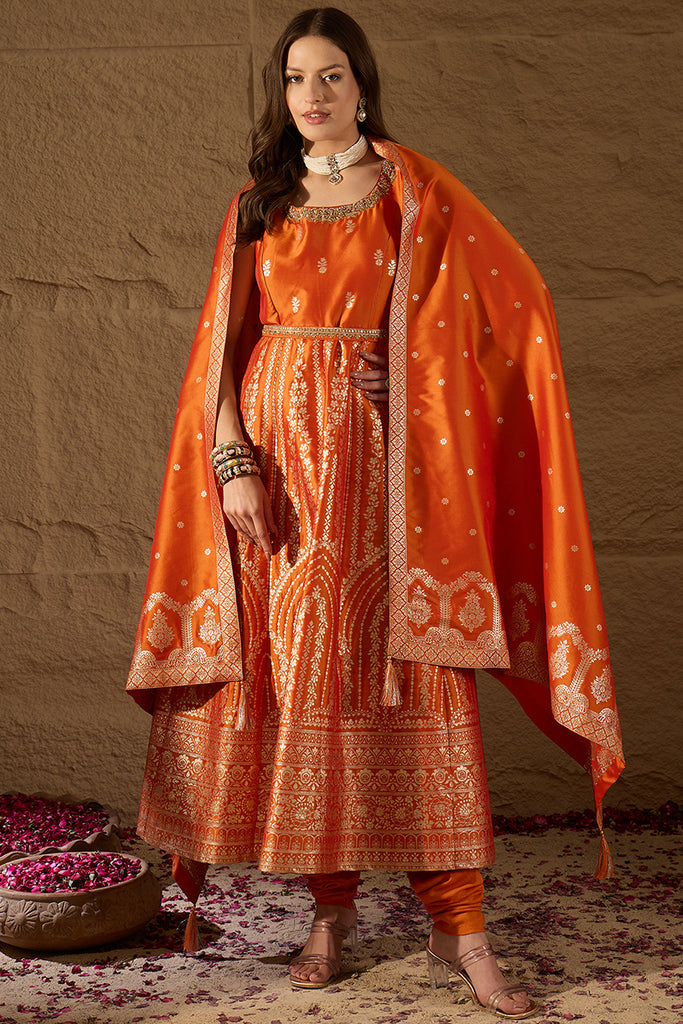 Orange Silk Blend Woven Design Anarkali Kurta Churidar with Dupatta HPKSKD3023