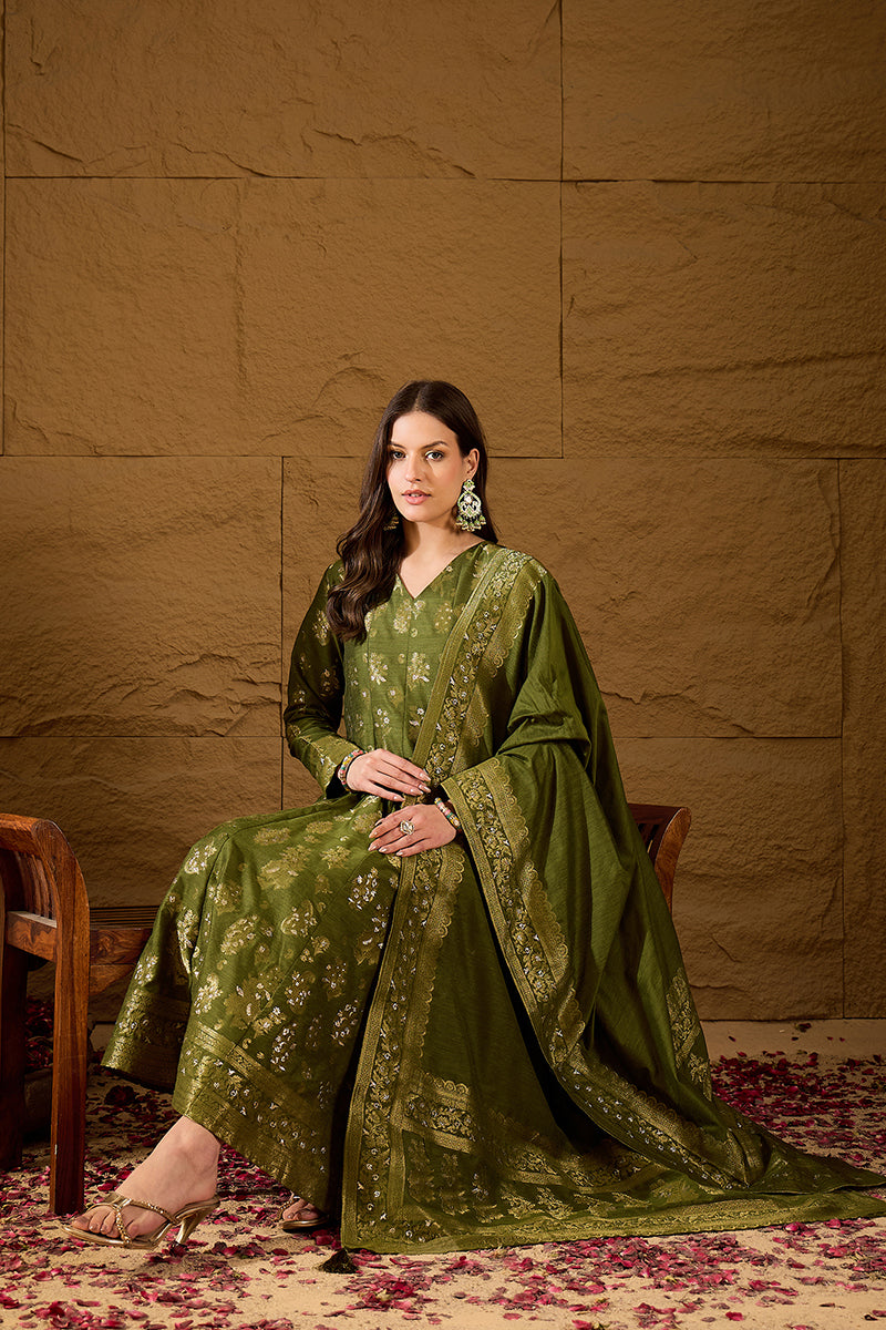 Green Woven Design Anarkali Kurta Trouser with Dupatta HPKSKD3025