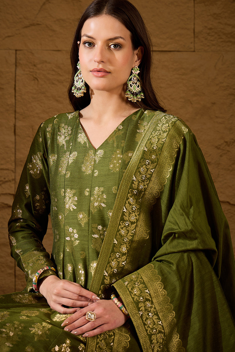 Green Woven Design Anarkali Kurta Trouser with Dupatta HPKSKD3025