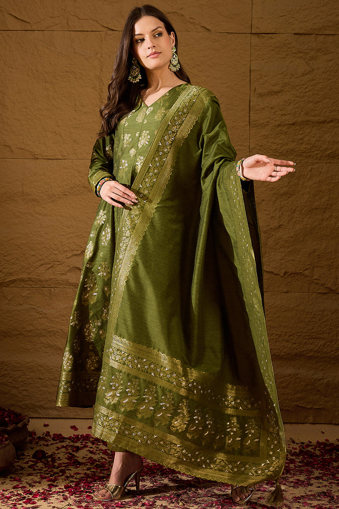 Green Woven Design Anarkali Kurta Trouser with Dupatta HPKSKD3025