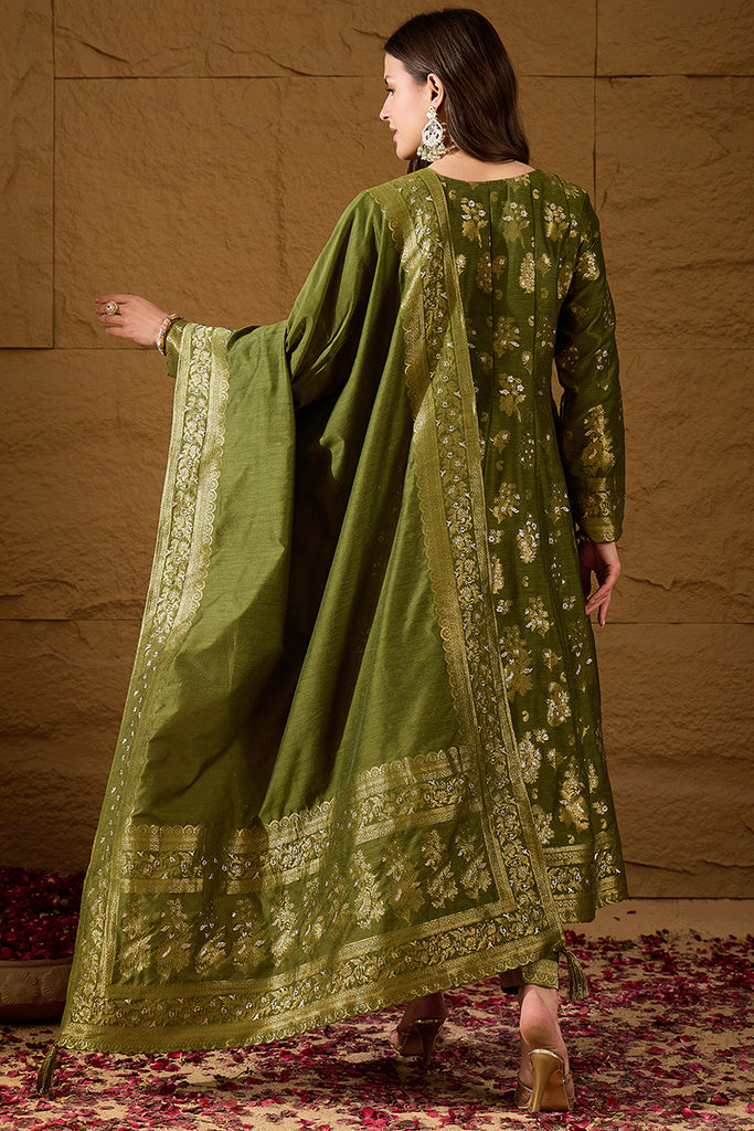 Green Woven Design Anarkali Kurta Trouser with Dupatta HPKSKD3025