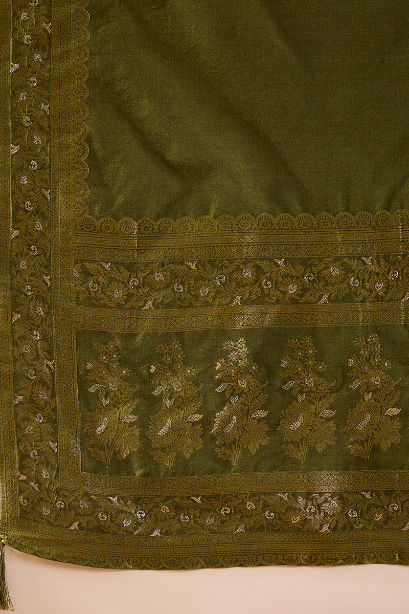 Green Woven Design Anarkali Kurta Trouser with Dupatta HPKSKD3025