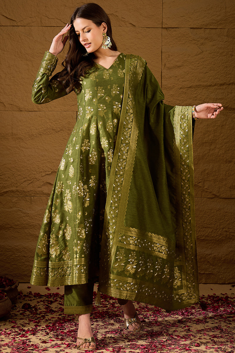 Green Woven Design Anarkali Kurta Trouser with Dupatta HPKSKD3025
