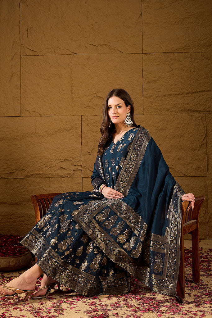 Blue Chanderi Floral Woven Design Kurta with Palazzo & Dupatta HPKSKD3026