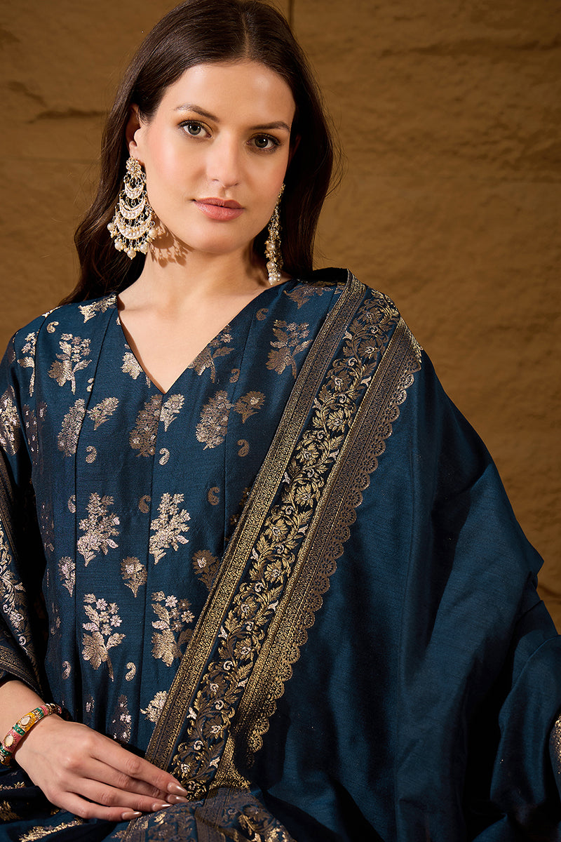 Blue Chanderi Floral Woven Design Kurta with Palazzo & Dupatta HPKSKD3026