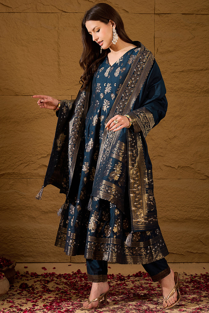 Blue Chanderi Floral Woven Design Kurta with Palazzo & Dupatta HPKSKD3026