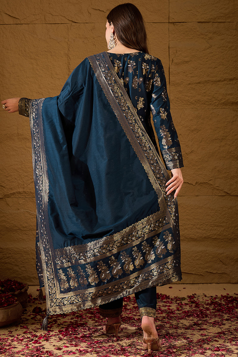Blue Chanderi Floral Woven Design Kurta with Palazzo & Dupatta HPKSKD3026
