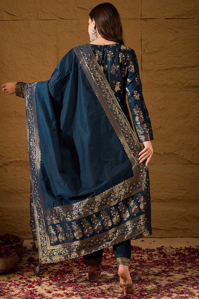 Blue Chanderi Floral Woven Design Kurta with Palazzo & Dupatta HPKSKD3026