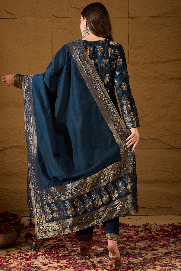 Blue Chanderi Floral Woven Design Kurta with Palazzo & Dupatta HPKSKD3026