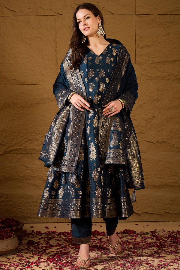 Blue Chanderi Floral Woven Design Kurta with Palazzo & Dupatta HPKSKD3026