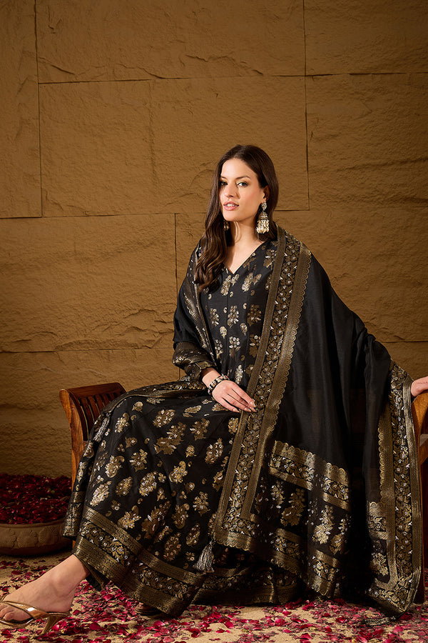 Black Poly Chanderi Printed Straight Kurta Trouser With Dupatta HPKSKD3027