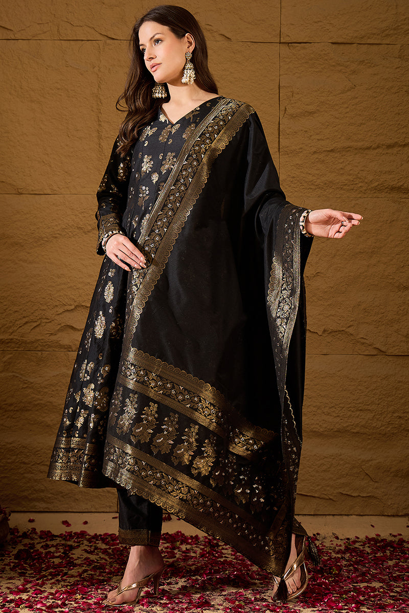 Black Poly Chanderi Printed Straight Kurta Trouser With Dupatta HPKSKD3027