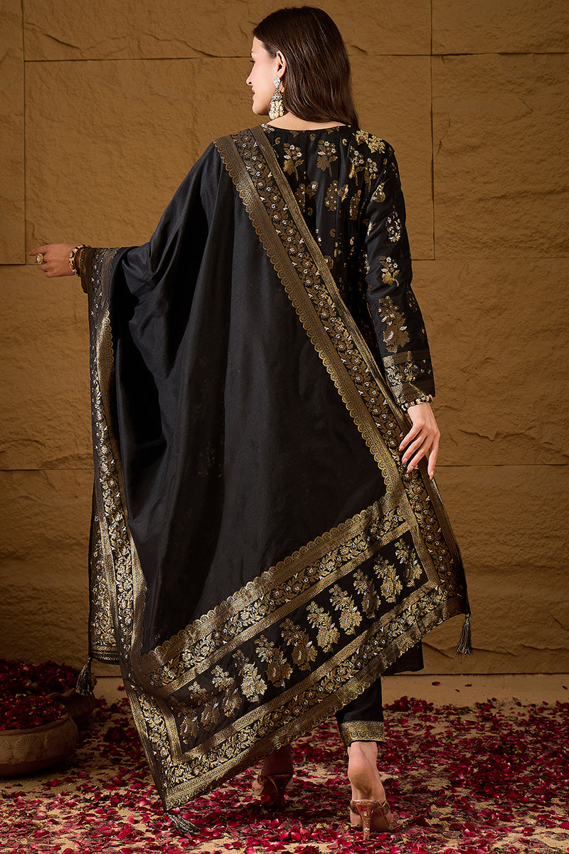 Black Poly Chanderi Printed Straight Kurta Trouser With Dupatta HPKSKD3027