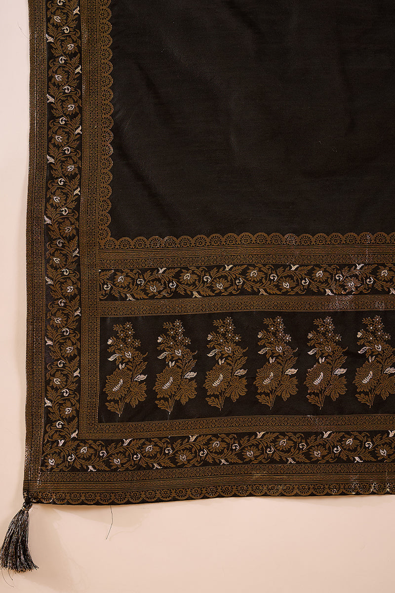 Black Poly Chanderi Printed Straight Kurta Trouser With Dupatta HPKSKD3027
