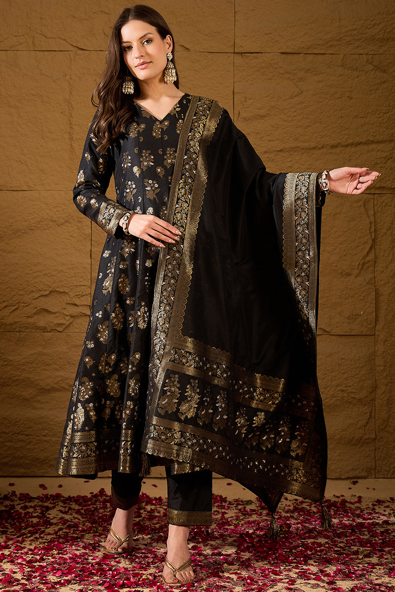 Black Poly Chanderi Printed Straight Kurta Trouser With Dupatta HPKSKD3027