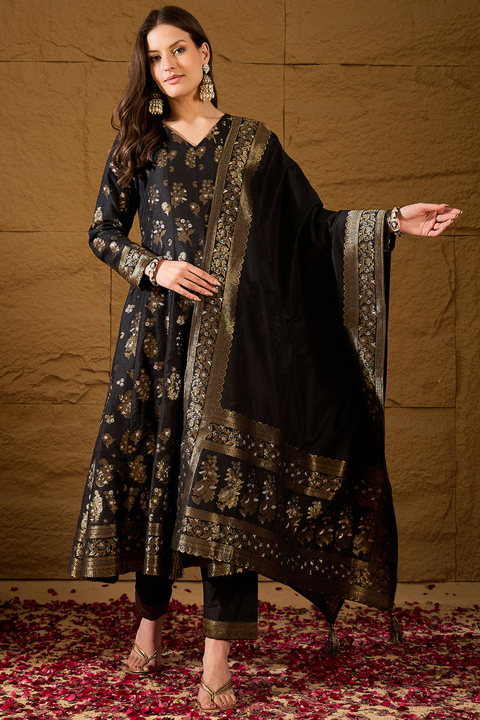 Black Poly Chanderi Printed Straight Kurta Trouser With Dupatta HPKSKD3027
