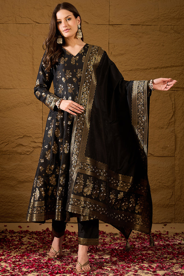 Black Poly Chanderi Printed Straight Kurta Trouser With Dupatta HPKSKD3027