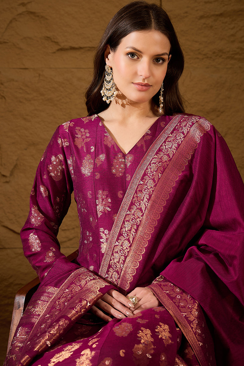 Pink Chanderi Woven Design Anarkali Kurta Palazzo With Dupatta HOPPKSKD3030