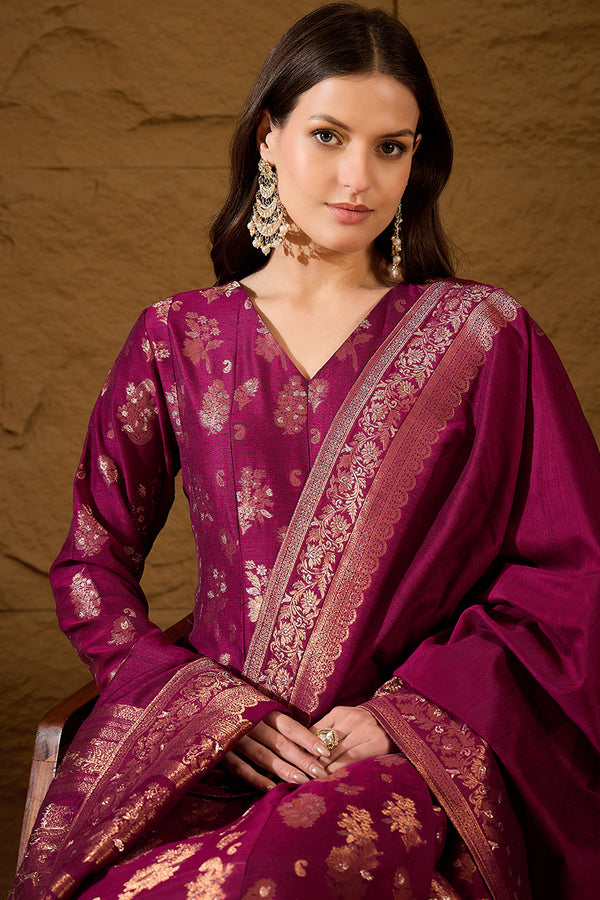 Pink Chanderi Woven Design Anarkali Kurta Palazzo With Dupatta HOPPKSKD3030