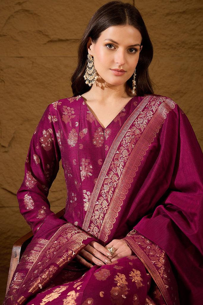 Pink Chanderi Floral Self Design Gown & Trouser With Dupatta PKSKD3030