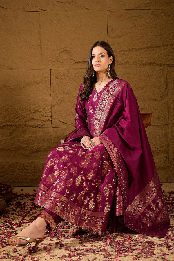 Pink Chanderi Woven Design Anarkali Kurta Palazzo With Dupatta HOPPKSKD3030
