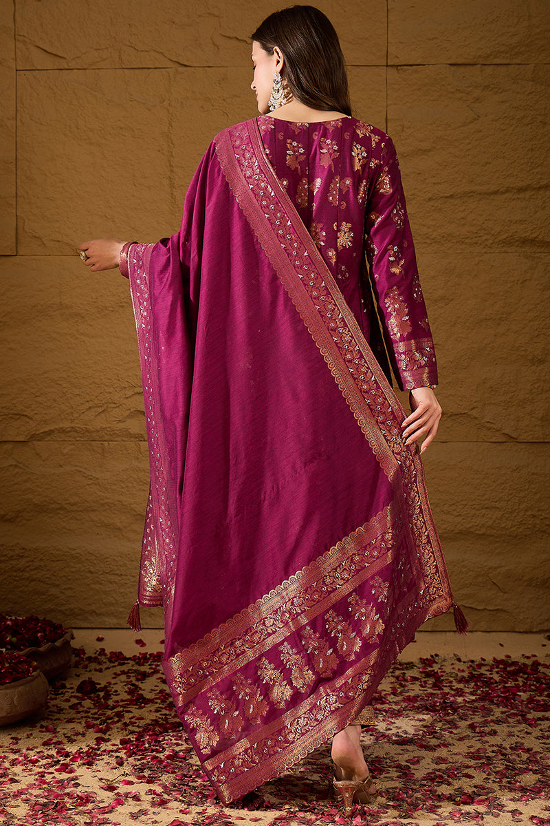 Pink Chanderi Woven Design Anarkali Kurta Palazzo With Dupatta HOPPKSKD3030