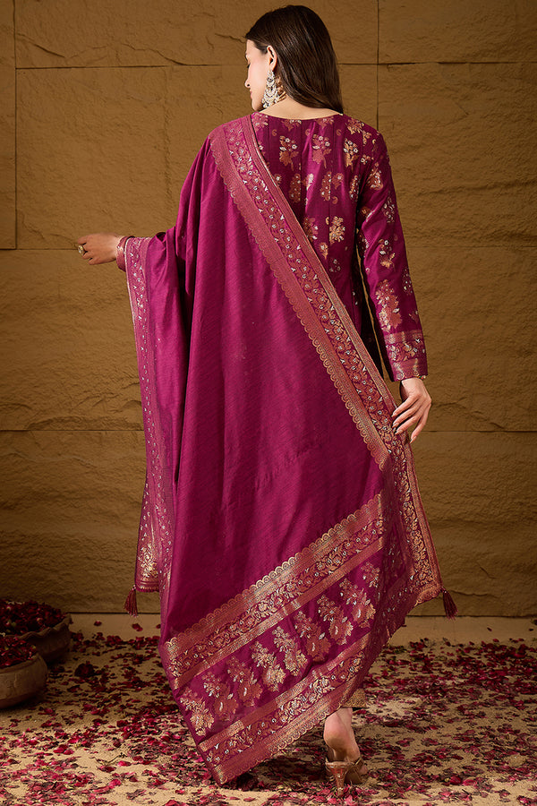Pink Chanderi Woven Design Anarkali Kurta Palazzo With Dupatta HOPPKSKD3030