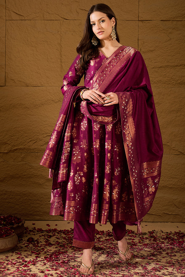 Pink Chanderi Woven Design Anarkali Kurta Palazzo With Dupatta HOPPKSKD3030