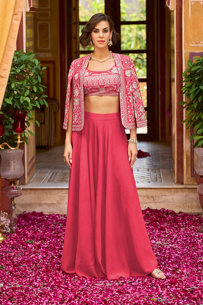 Pink Silk Blend Embroidered Flared Top Bottom With Shrug PKSKD3033