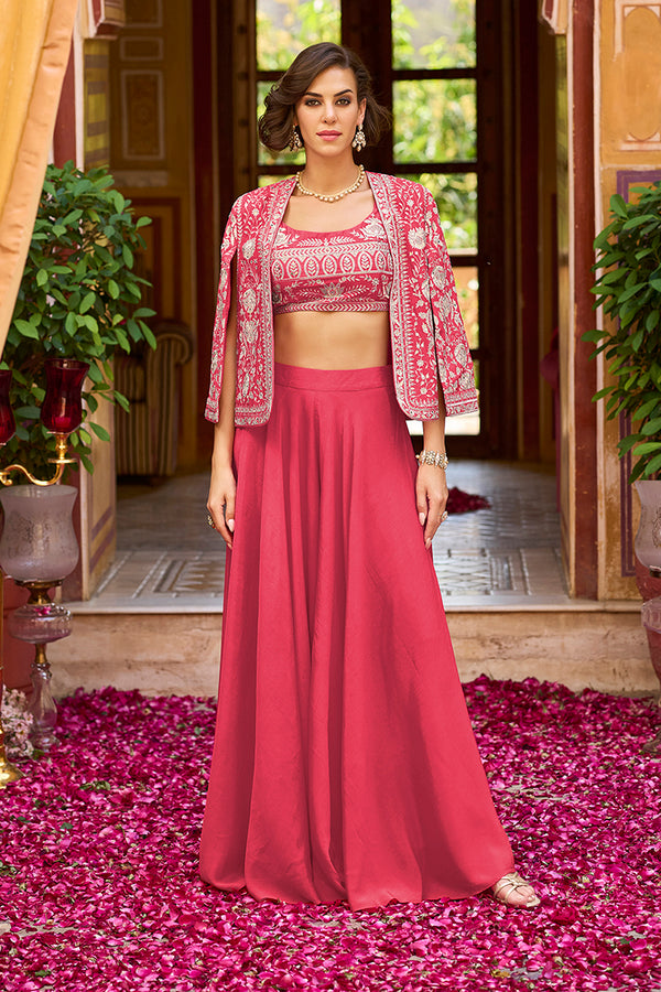 Pink Silk Blend Embroidered Flared Top Bottom With Shrug PKSKD3033