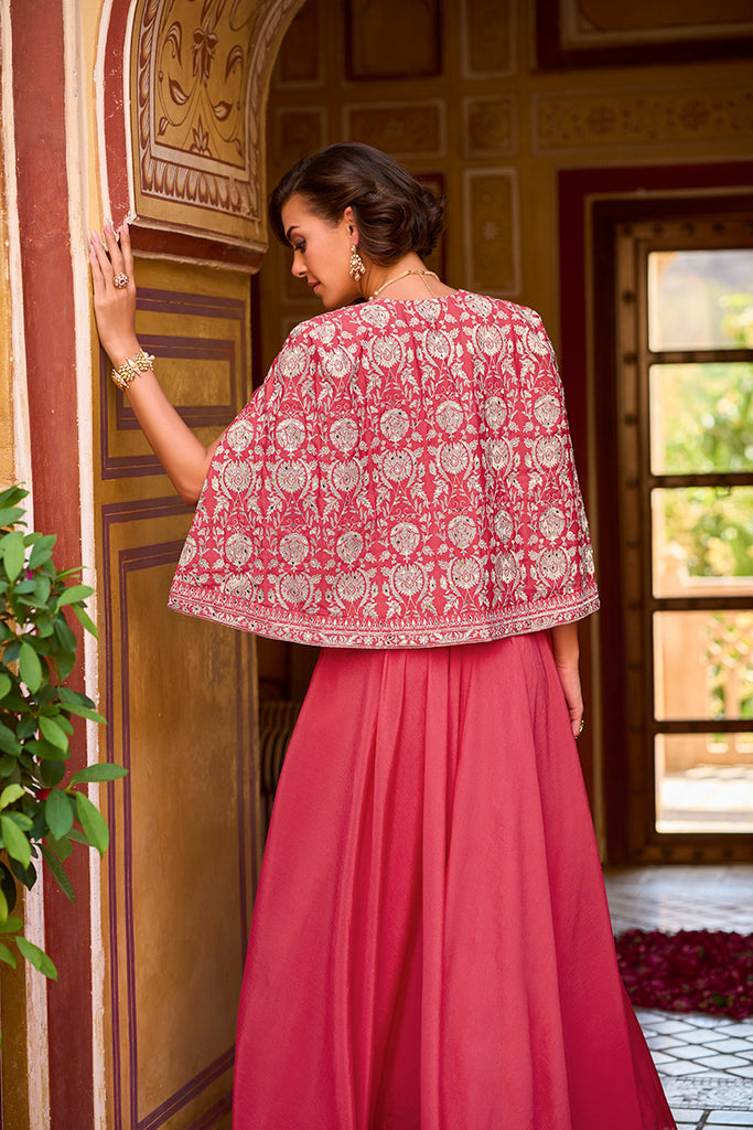 Pink Silk Blend Embroidered Flared Top Bottom With Shrug PKSKD3033