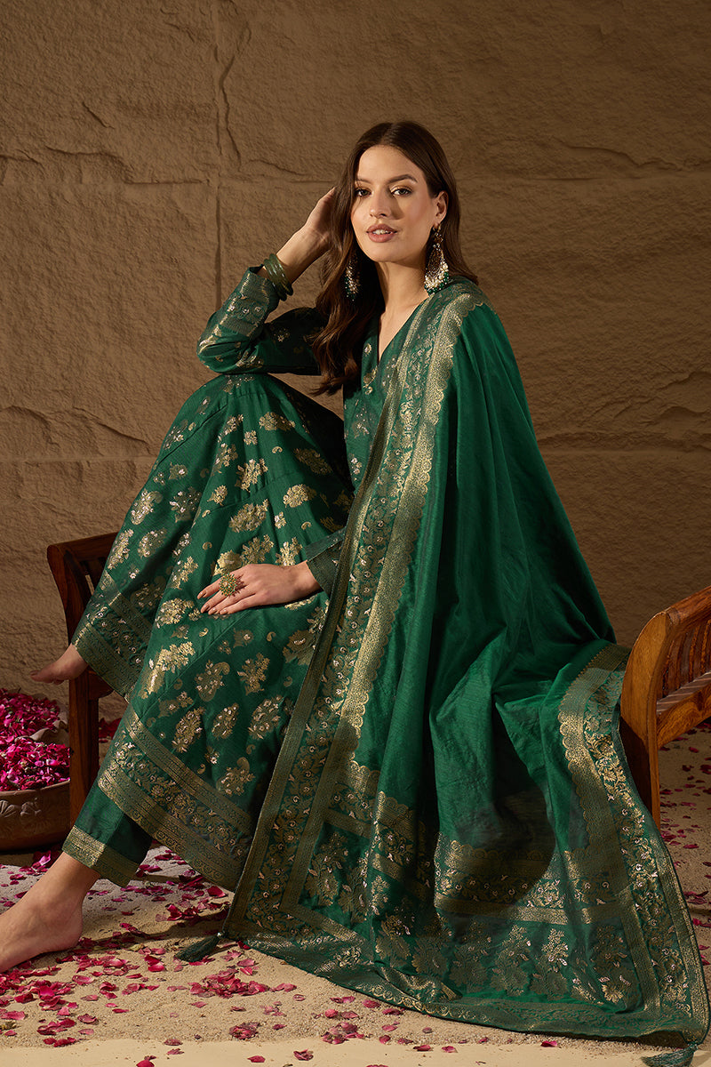 Sea Green Chanderi Floral Woven Design Kurta with Palazzo & Dupatta HPKSKD3034