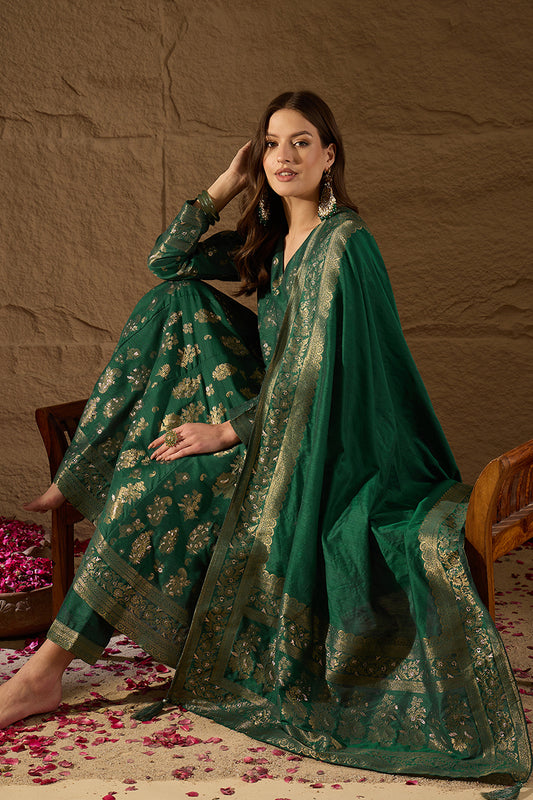 Sea Green Chanderi Floral Woven Design Kurta with Palazzo & Dupatta HPKSKD3034