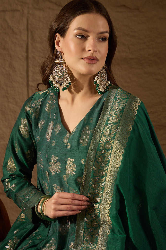 Sea Green Chanderi Floral Woven Design Kurta with Palazzo & Dupatta HPKSKD3034