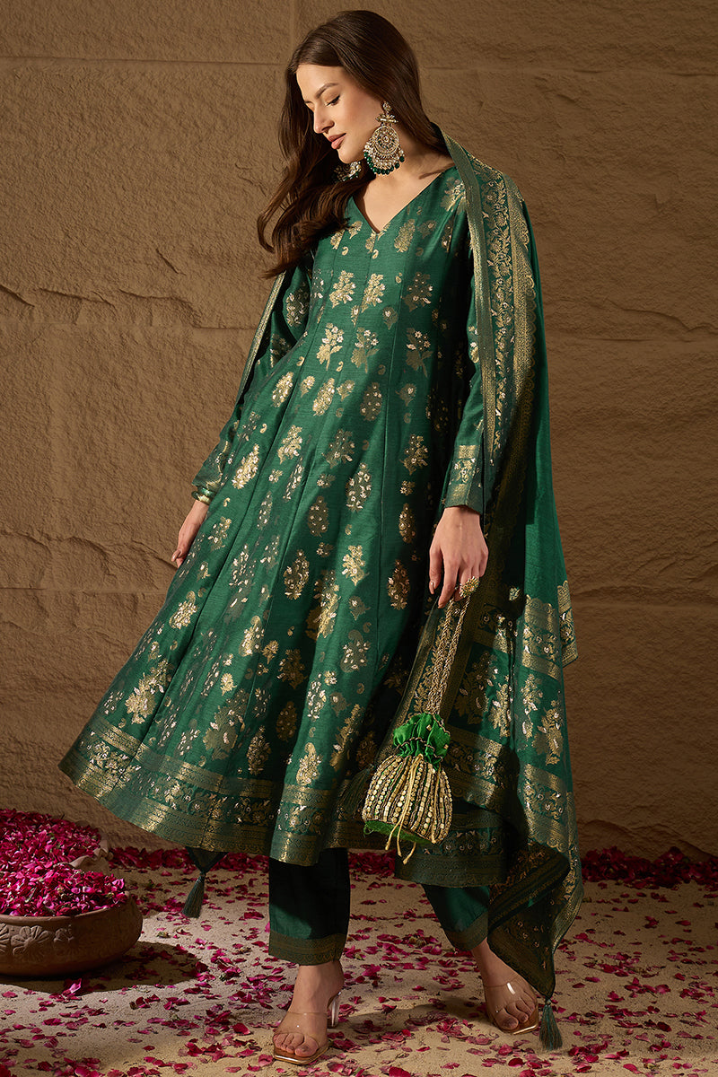 Sea Green Chanderi Floral Woven Design Kurta with Palazzo & Dupatta HPKSKD3034