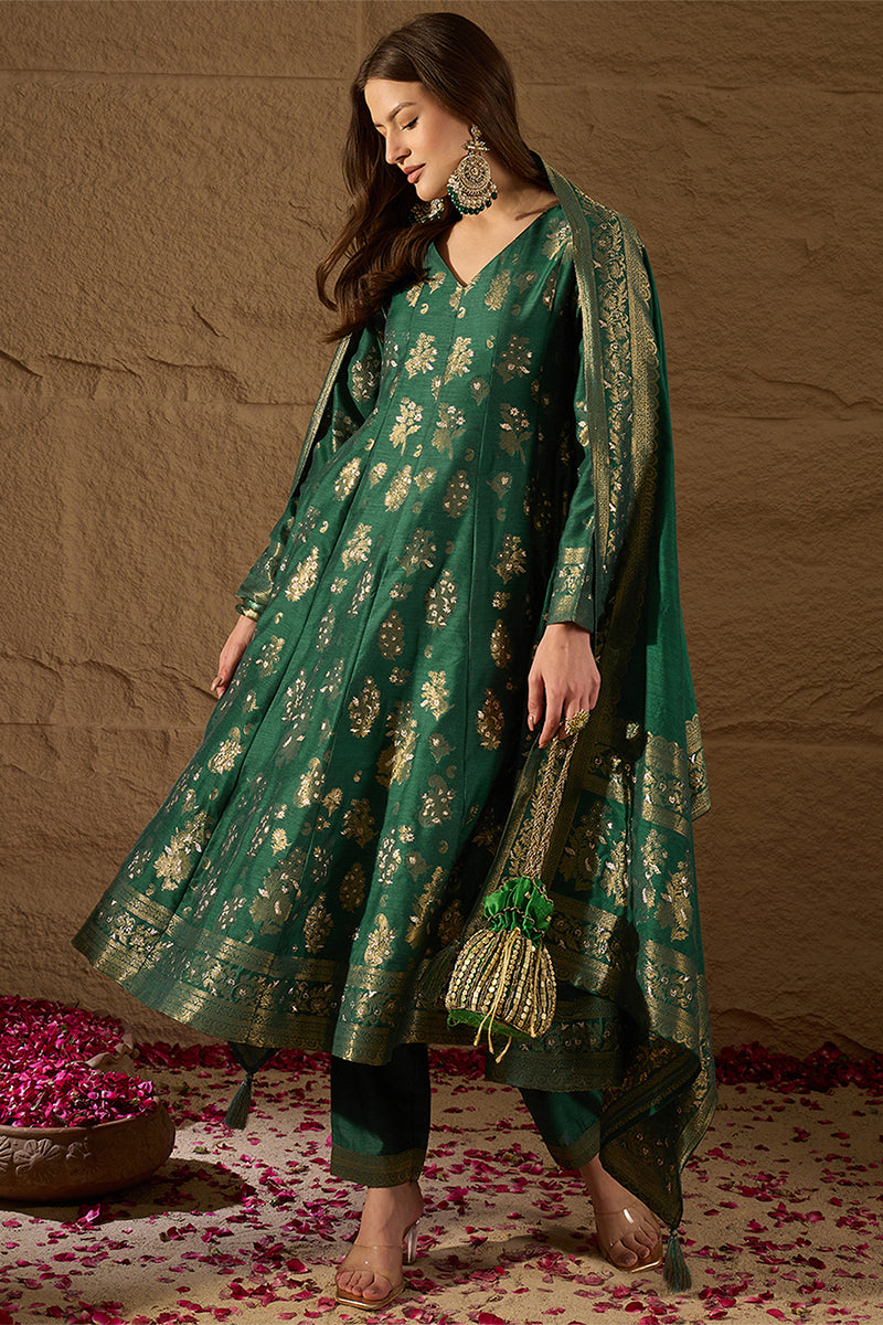 Green Chanderi Floral Self Design Gown & Trouser With Dupatta PKSKD3034