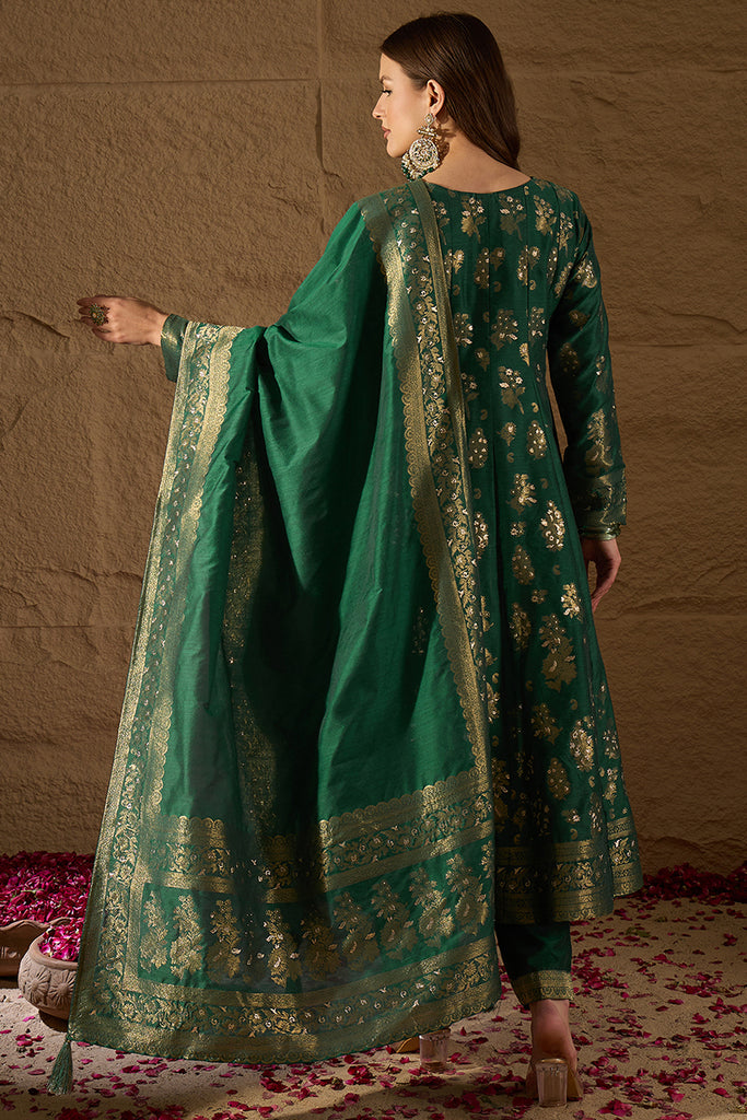 Sea Green Chanderi Floral Woven Design Kurta with Palazzo & Dupatta HPKSKD3034