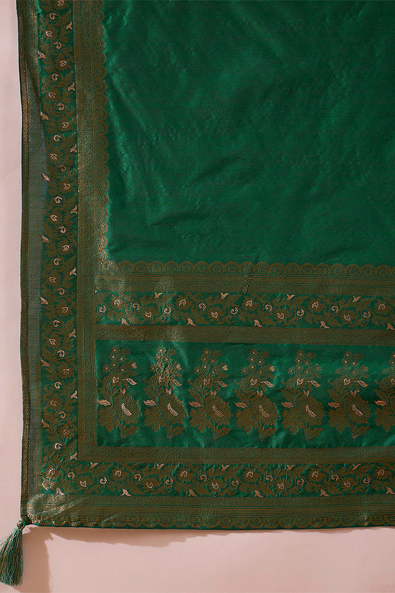 Green Chanderi Floral Self Design Gown & Trouser With Dupatta PKSKD3034