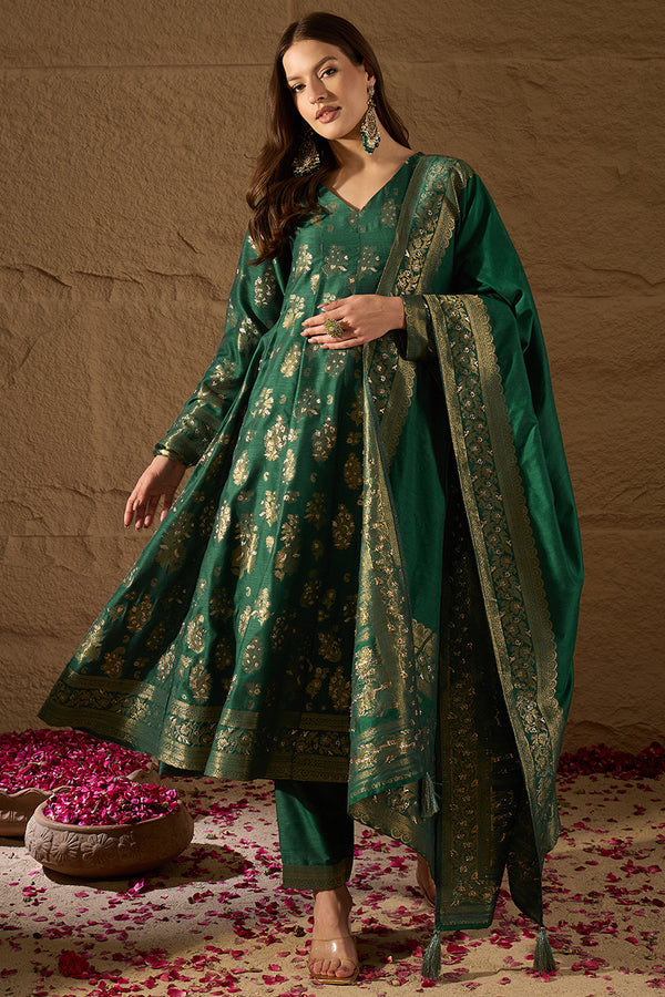 Sea Green Chanderi Floral Woven Design Kurta with Palazzo & Dupatta HPKSKD3034