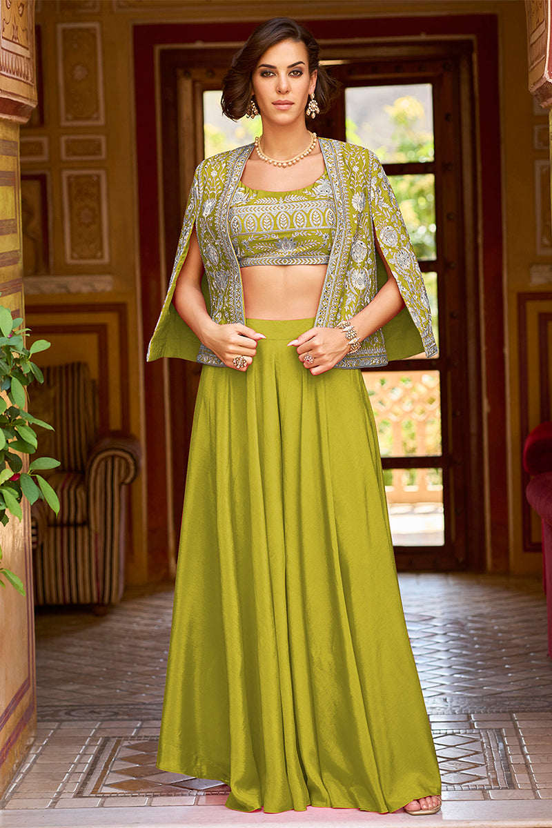 Green Silk Blend Embroidered Flared Top Bottom With Shrug PKSKD3041