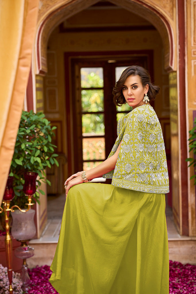 Green Silk Blend Embroidered Flared Top Bottom With Shrug PKSKD3041