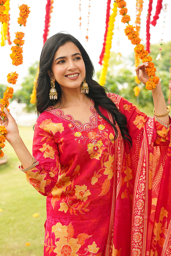Red Rayon Blend Floral Straight Kurta Trousers With Dupatta PKSKD3051