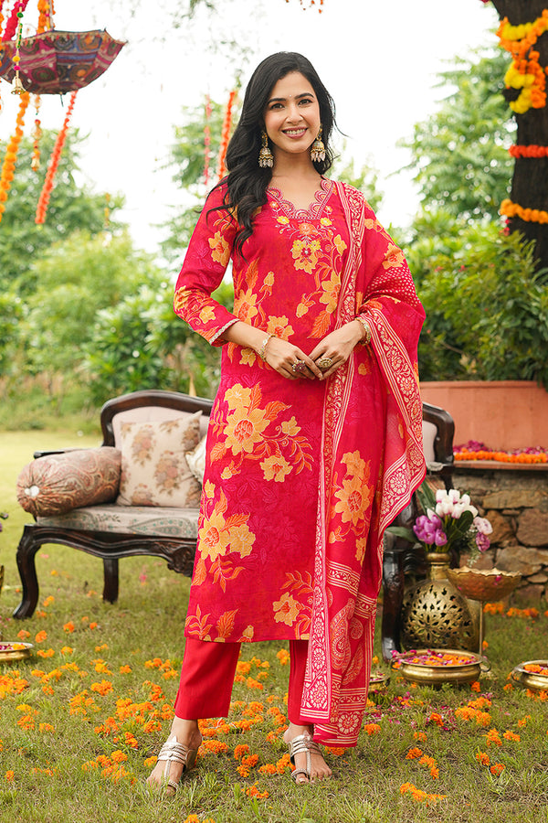 Red Rayon Blend Floral Straight Kurta Trousers With Dupatta PKSKD3051