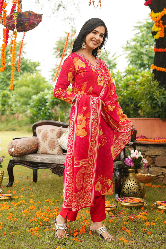Red Rayon Blend Floral Straight Kurta Trousers With Dupatta PKSKD3051
