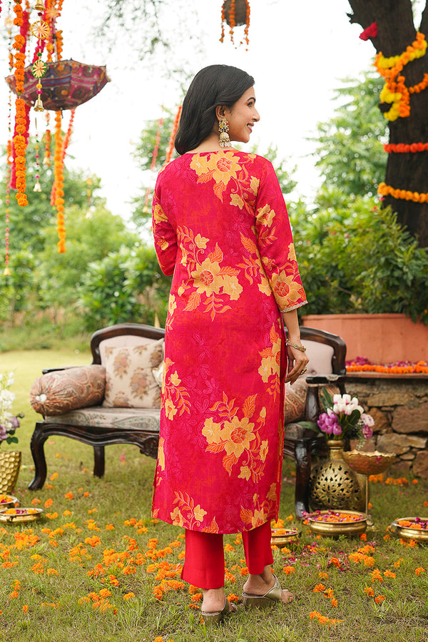 Red Rayon Blend Floral Straight Kurta Trousers With Dupatta PKSKD3051